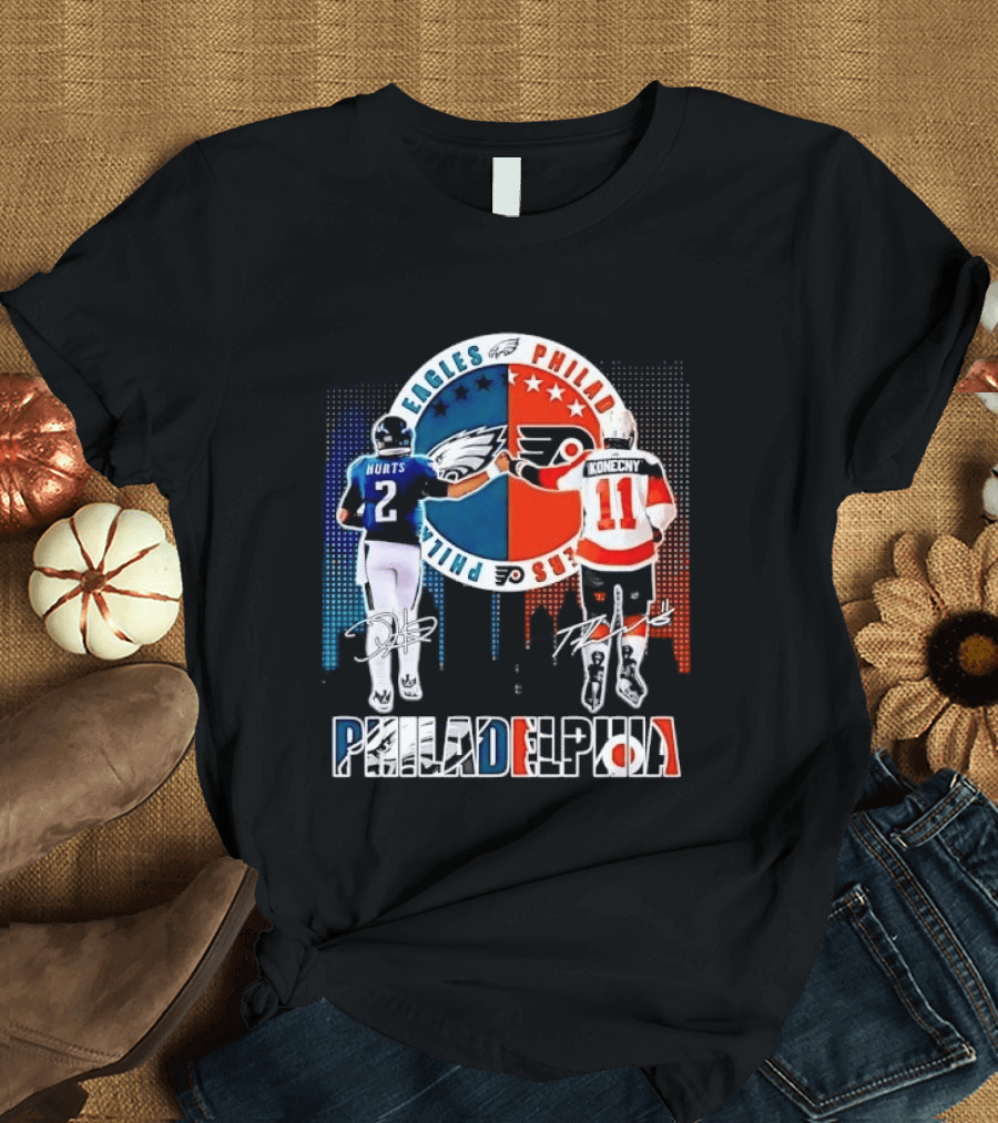Philadelphia Eagles Flyers Hurts Konecny Fist Bump Split Crest Skyline T-Shirt