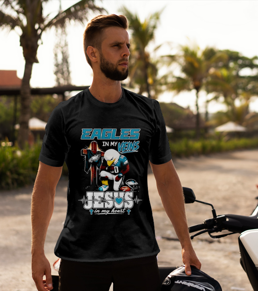Eagles In My Veins Jesus In My Heart Kneeling Cross Football Helmet T-Shirt