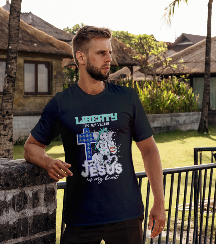 Liberty In My Veins Jesus In My Heart New York Liberty Elephant Basketball Cross T-Shirt