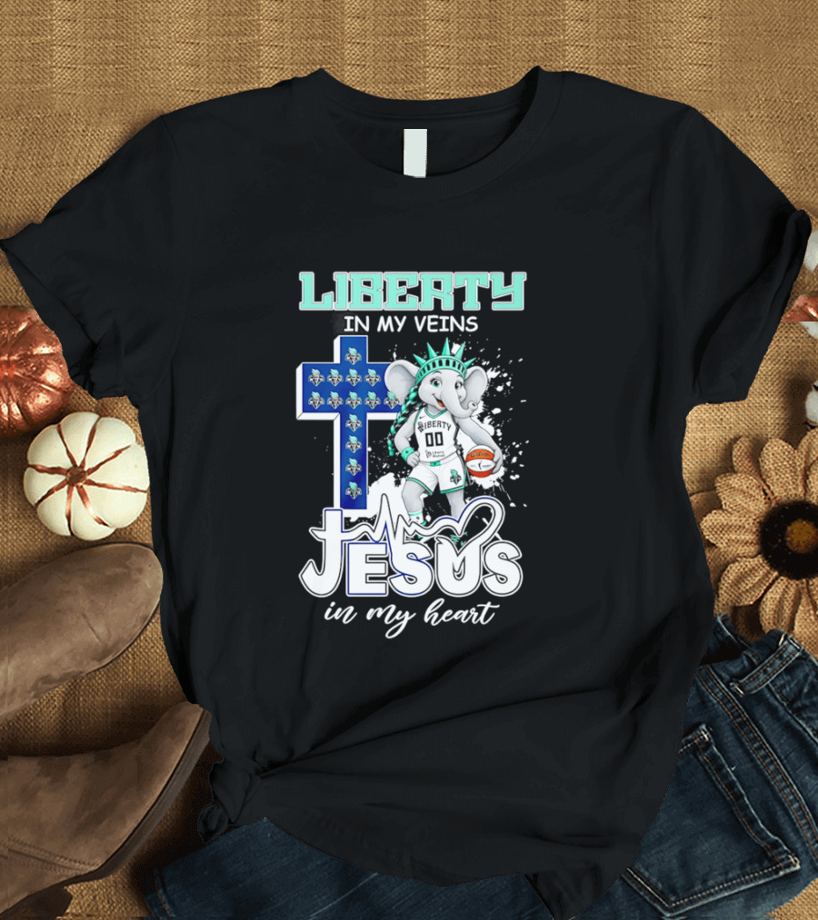 Liberty In My Veins Jesus In My Heart New York Liberty Elephant Basketball Cross T-Shirt