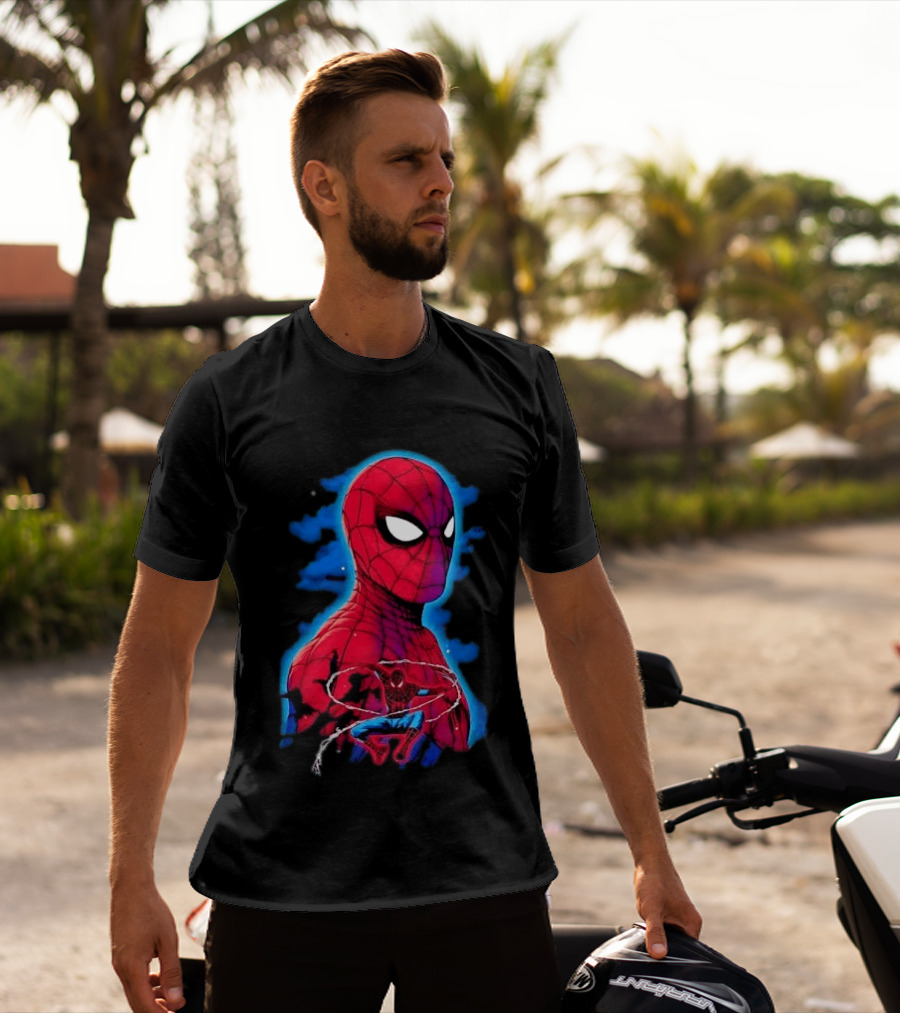 Marvel Spider Man Bust Crouching Web Action Silhouette Clouds T-Shirt