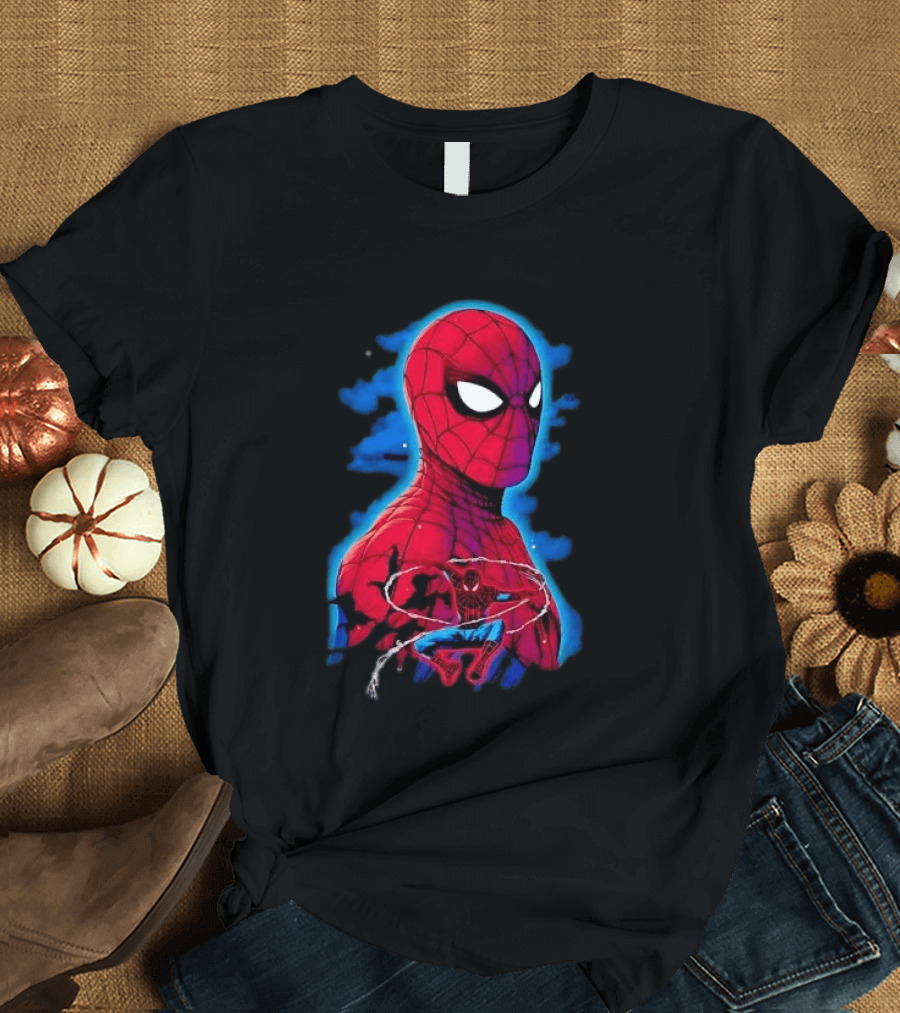 Marvel Spider Man Bust Crouching Web Action Silhouette Clouds T-Shirt