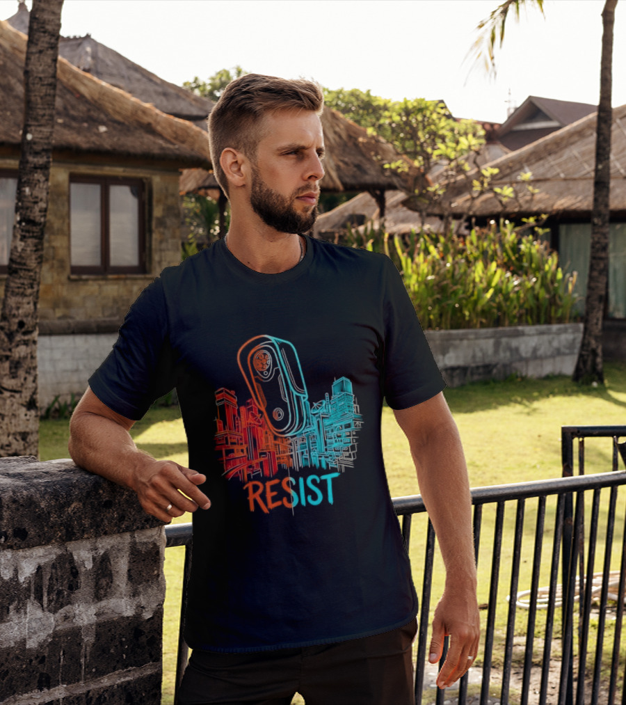 Resist Surveillance Neon City Skyline Security Camera T-Shirt