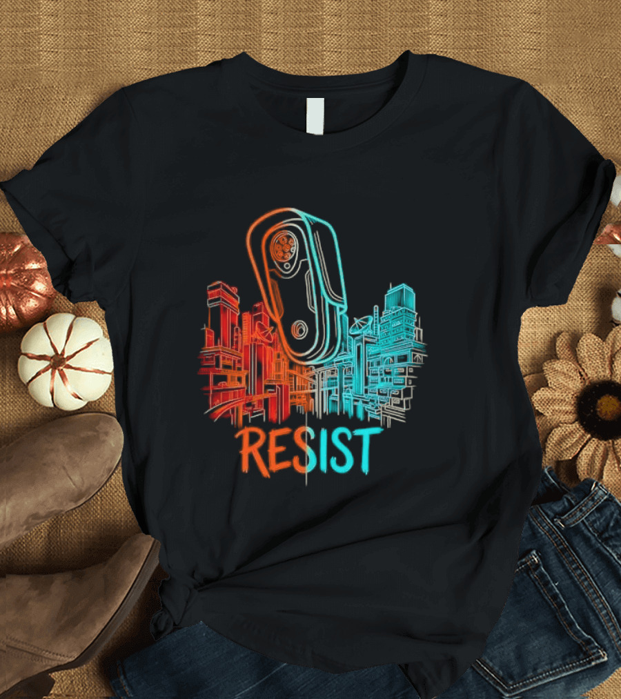 Resist Surveillance Neon City Skyline Security Camera T-Shirt