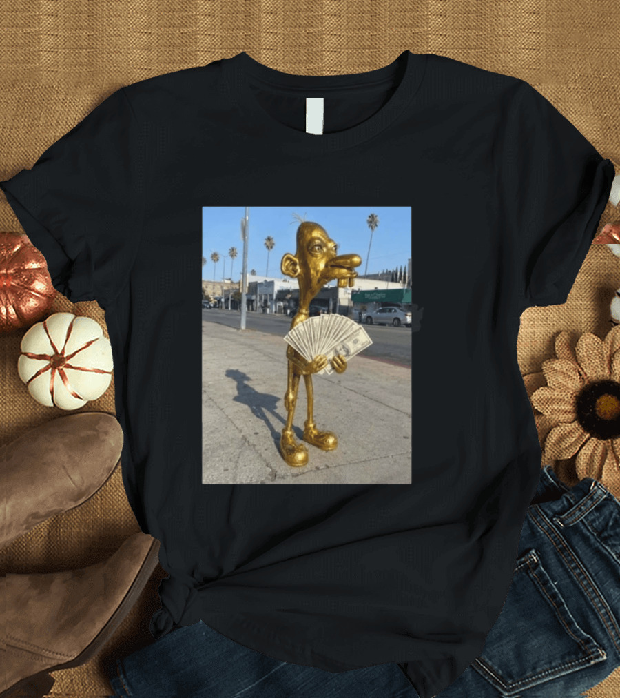 Rich Neegy Golden Cartoon Character Holding Cash On Street T-Shirt