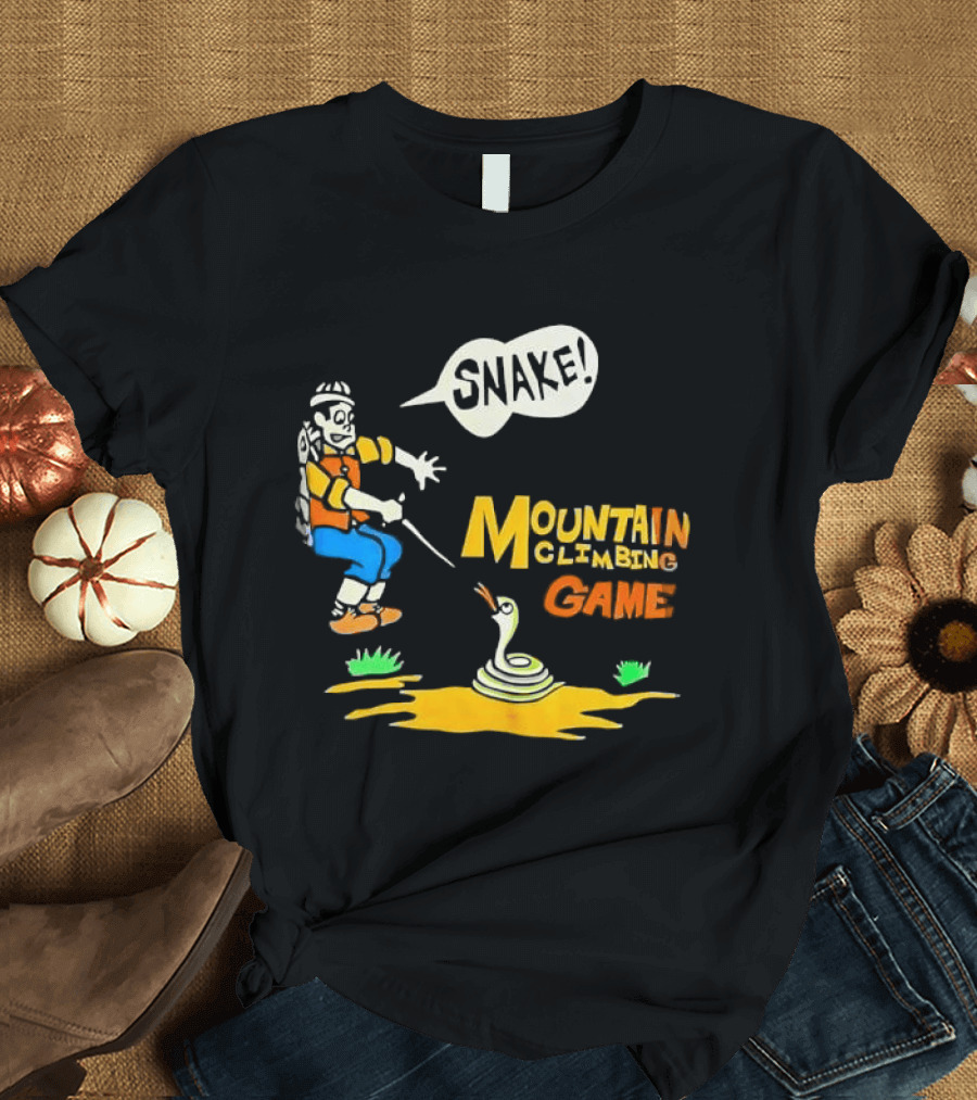 Snake Mountain Climbing Game Startled Climber Coiled Serpent Cartoon T-Shirt