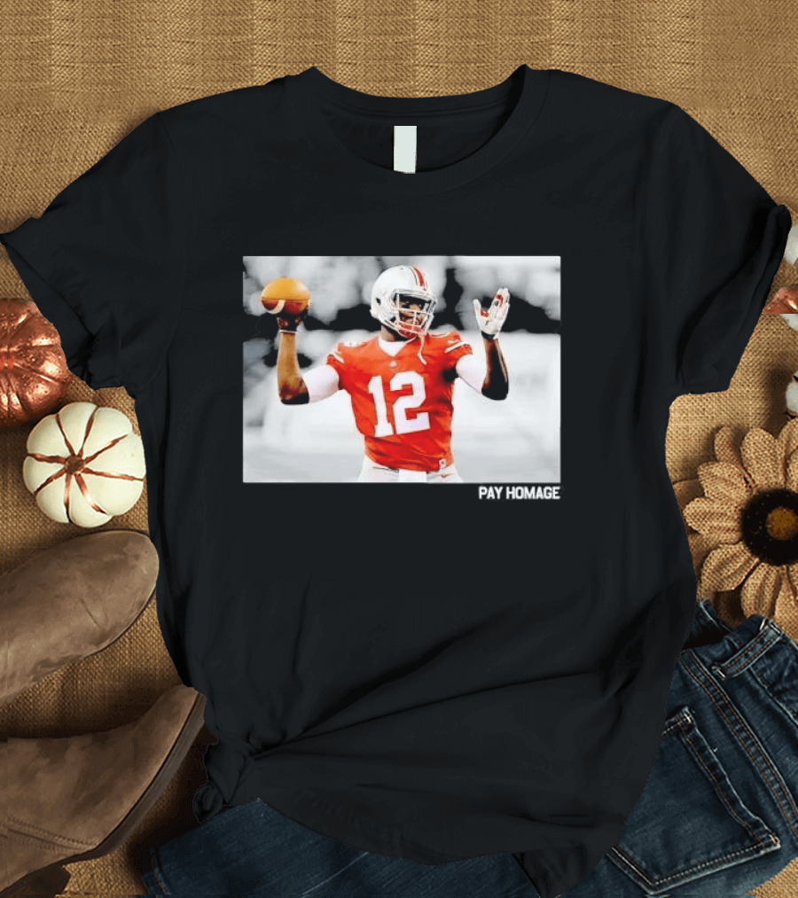 Ohio State Buckeyes Quarterback Number 12 Throwing Football Selective Color Pay Homage T-Shirt