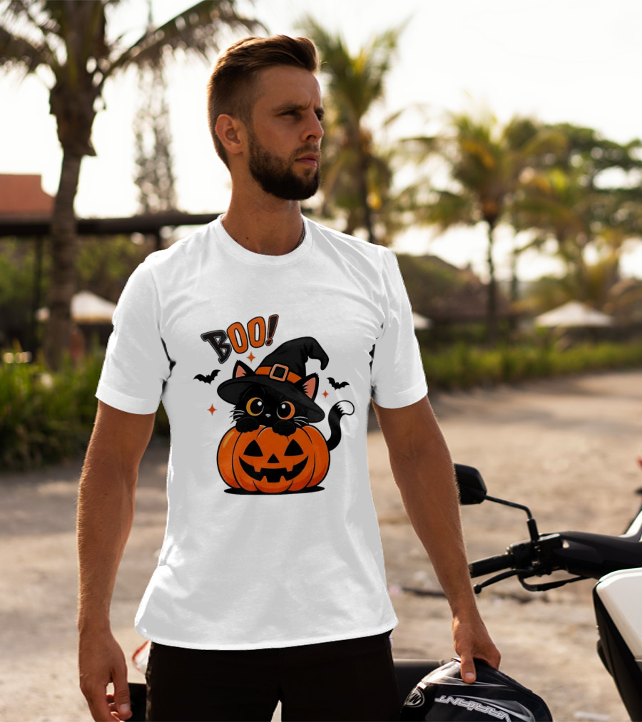 Boo Halloween Black Cat Witch Hat Jack O Lantern Pumpkin T-Shirt