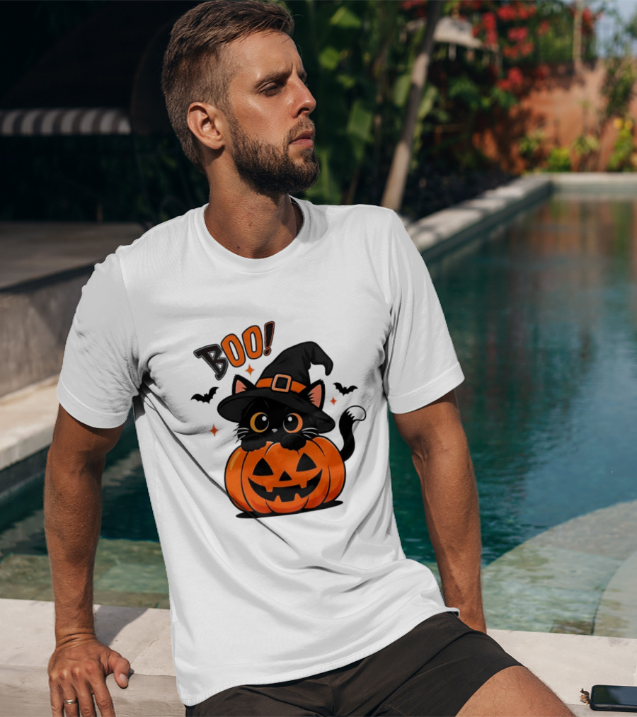 Boo Halloween Black Cat Witch Hat Jack O Lantern Pumpkin T-Shirt