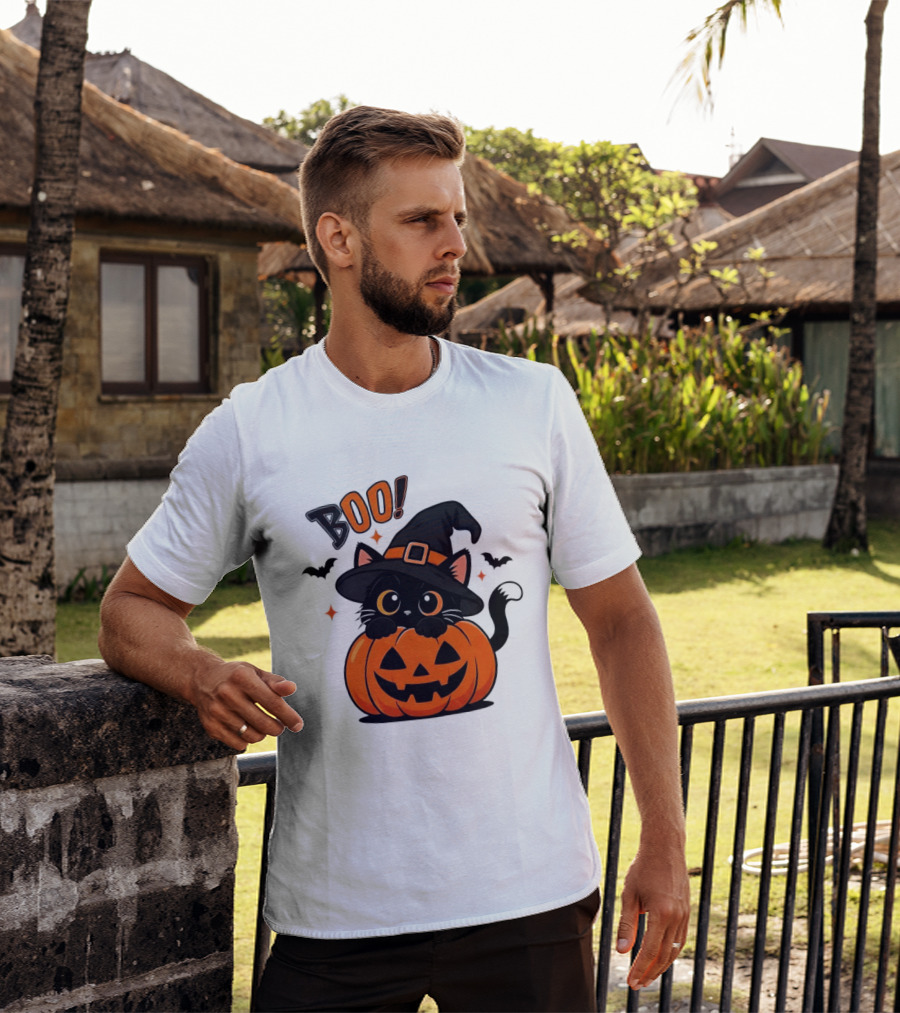 Boo Halloween Black Cat Witch Hat Jack O Lantern Pumpkin T-Shirt