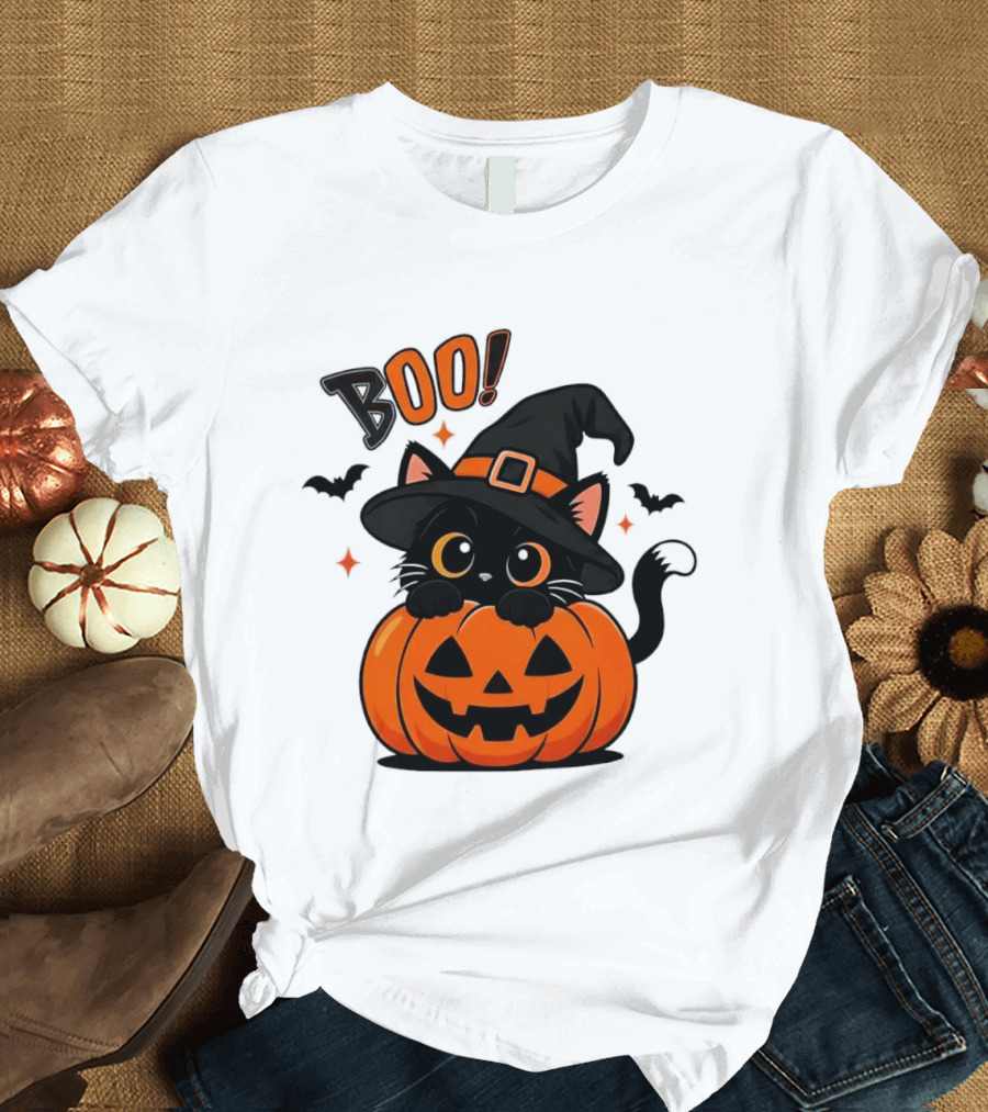 Boo Halloween Black Cat Witch Hat Jack O Lantern Pumpkin T-Shirt