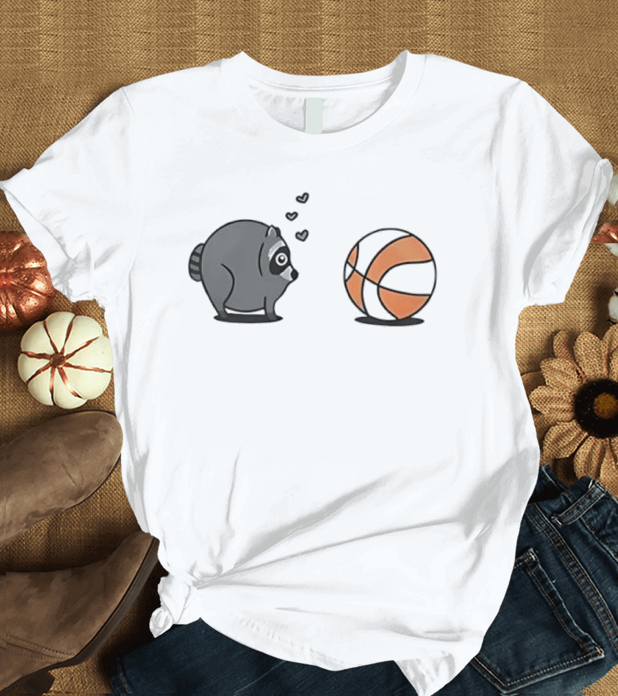 Chubby Cartoon Raccoon Admiring Basketball With Pink Hearts T-Shirt