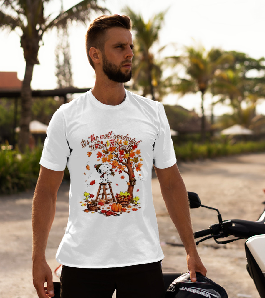 Snoopy It's The Most Wonderful Time Of The Year Autumn Tree Pumpkin Woodstock T-Shirt
