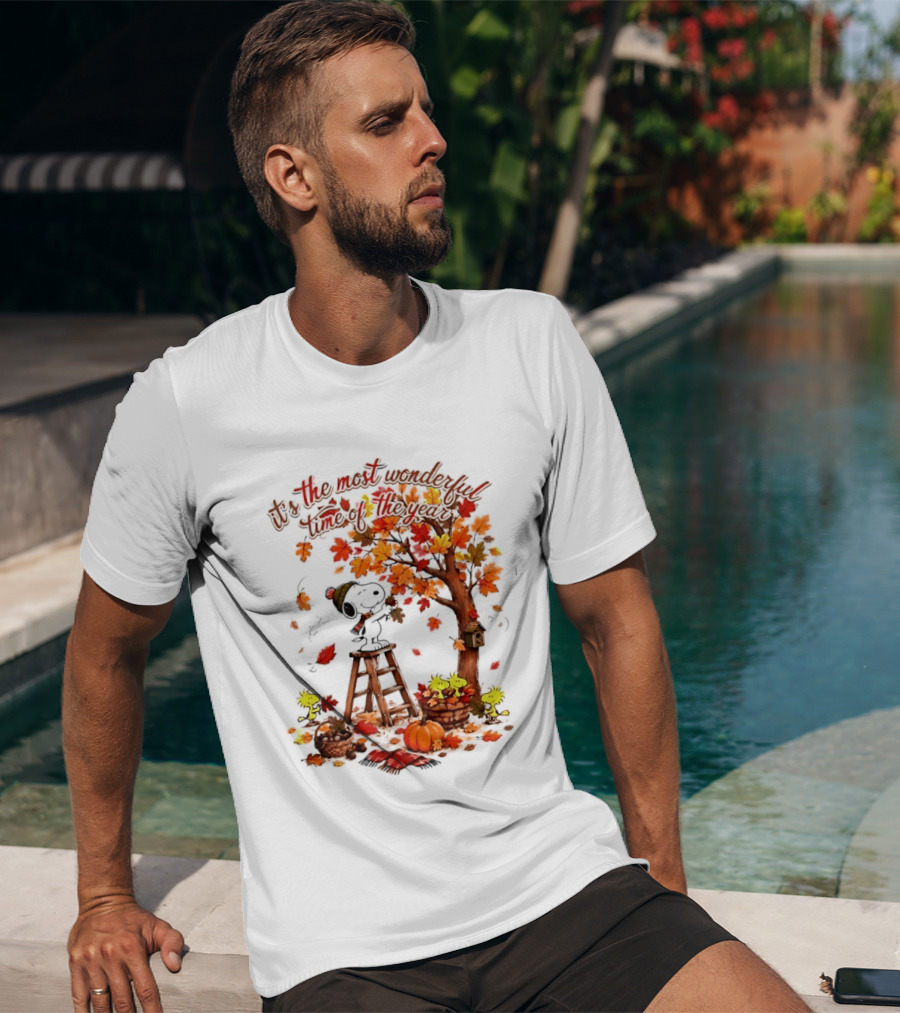 Snoopy It's The Most Wonderful Time Of The Year Autumn Tree Pumpkin Woodstock T-Shirt