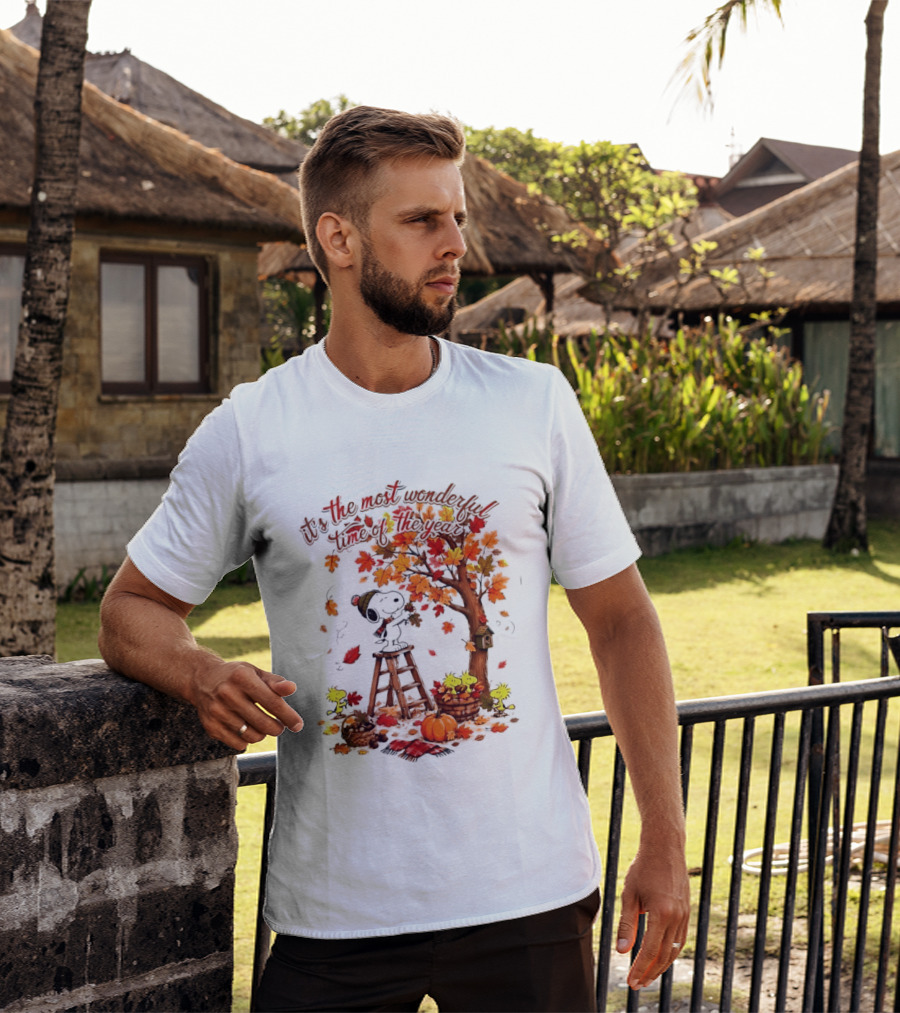 Snoopy It's The Most Wonderful Time Of The Year Autumn Tree Pumpkin Woodstock T-Shirt