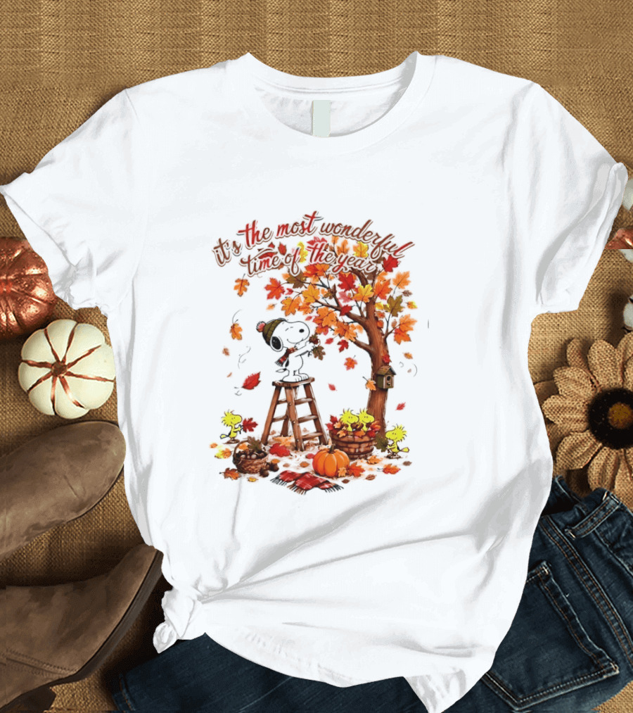 Snoopy It's The Most Wonderful Time Of The Year Autumn Tree Pumpkin Woodstock T-Shirt