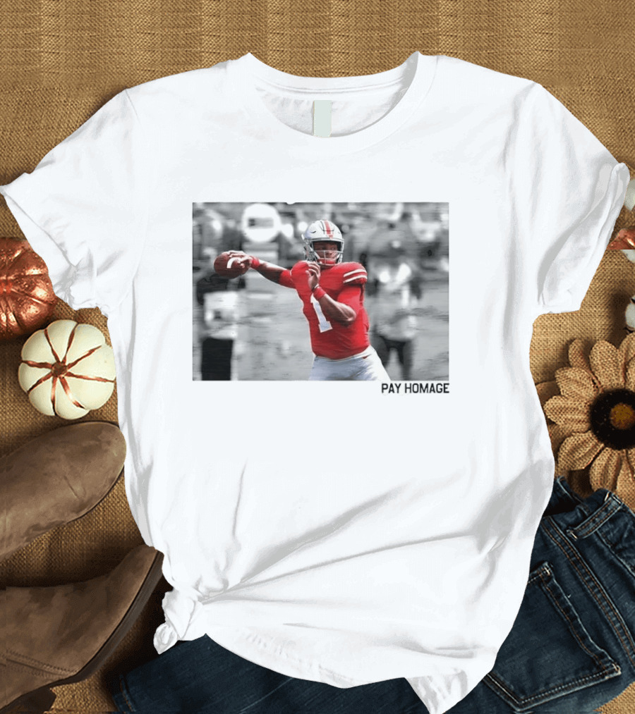 Ohio State Buckeyes NCAA Pay Homage Quarterback Throwing Football Selective Color Photo T-Shirt