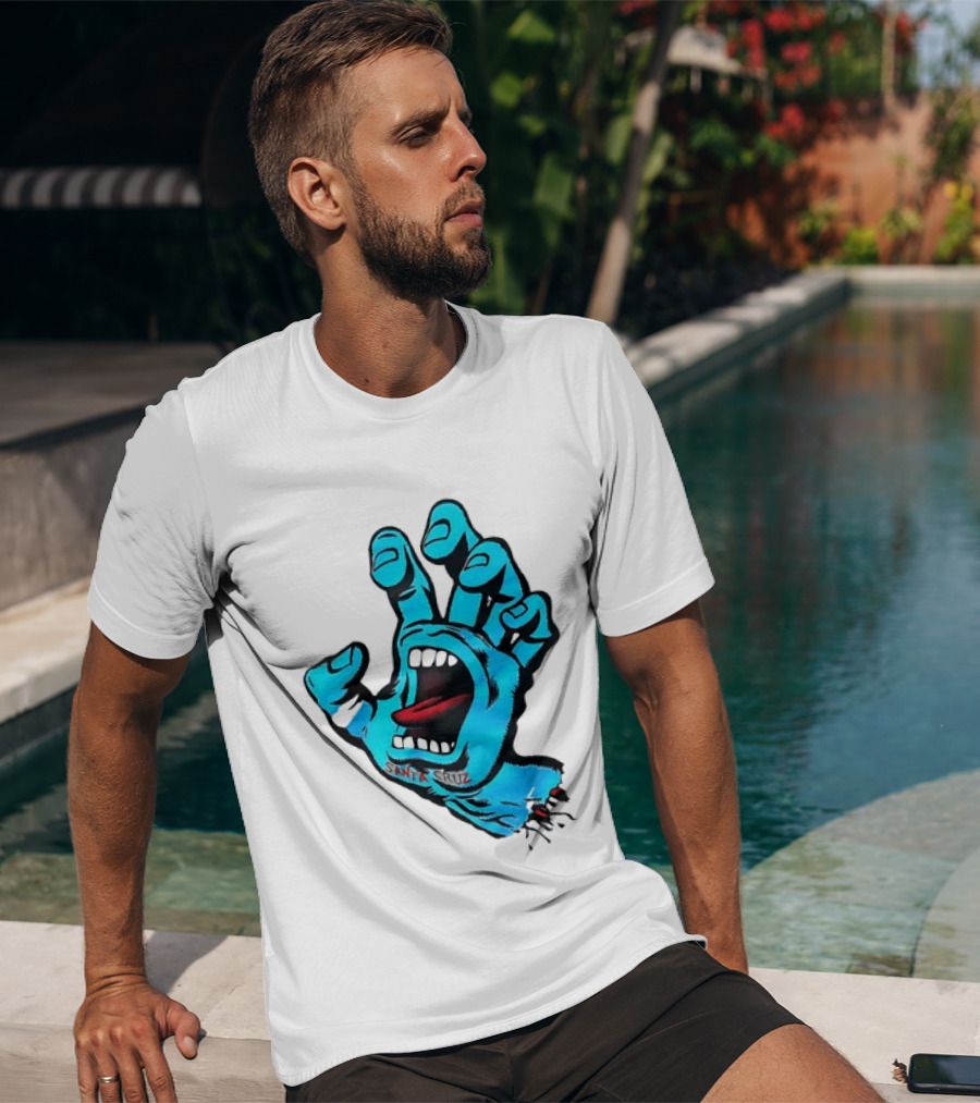 Santa Cruz Blue Screaming Hand Open Mouth Tongue Cartoon T-Shirt
