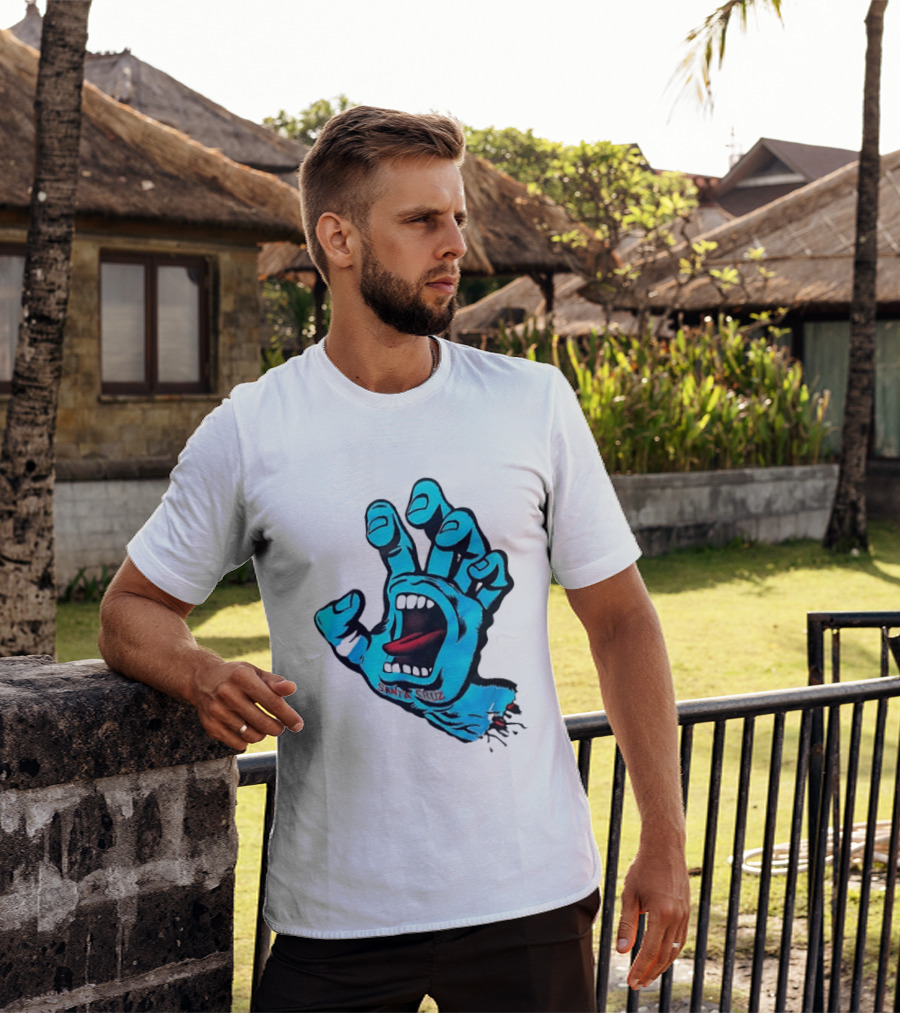 Santa Cruz Blue Screaming Hand Open Mouth Tongue Cartoon T-Shirt
