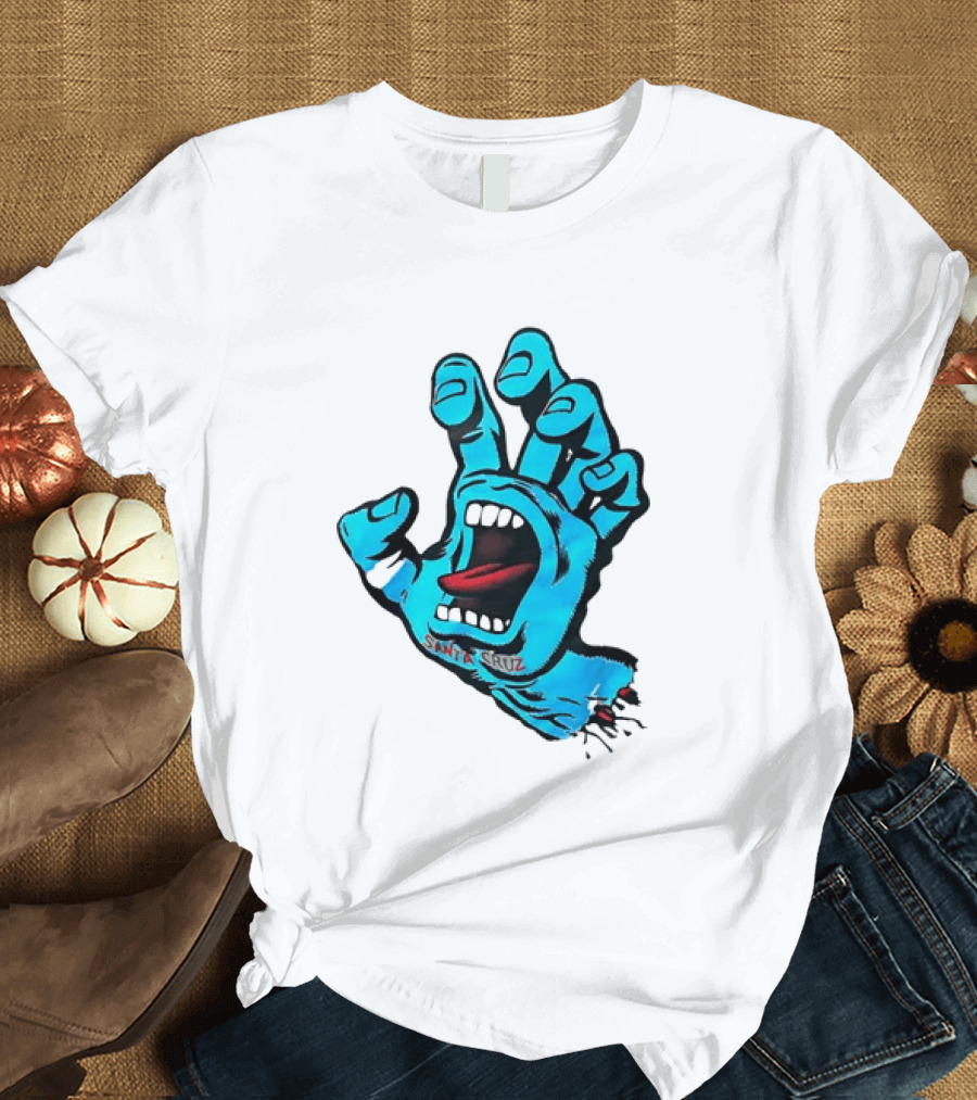 Santa Cruz Blue Screaming Hand Open Mouth Tongue Cartoon T-Shirt