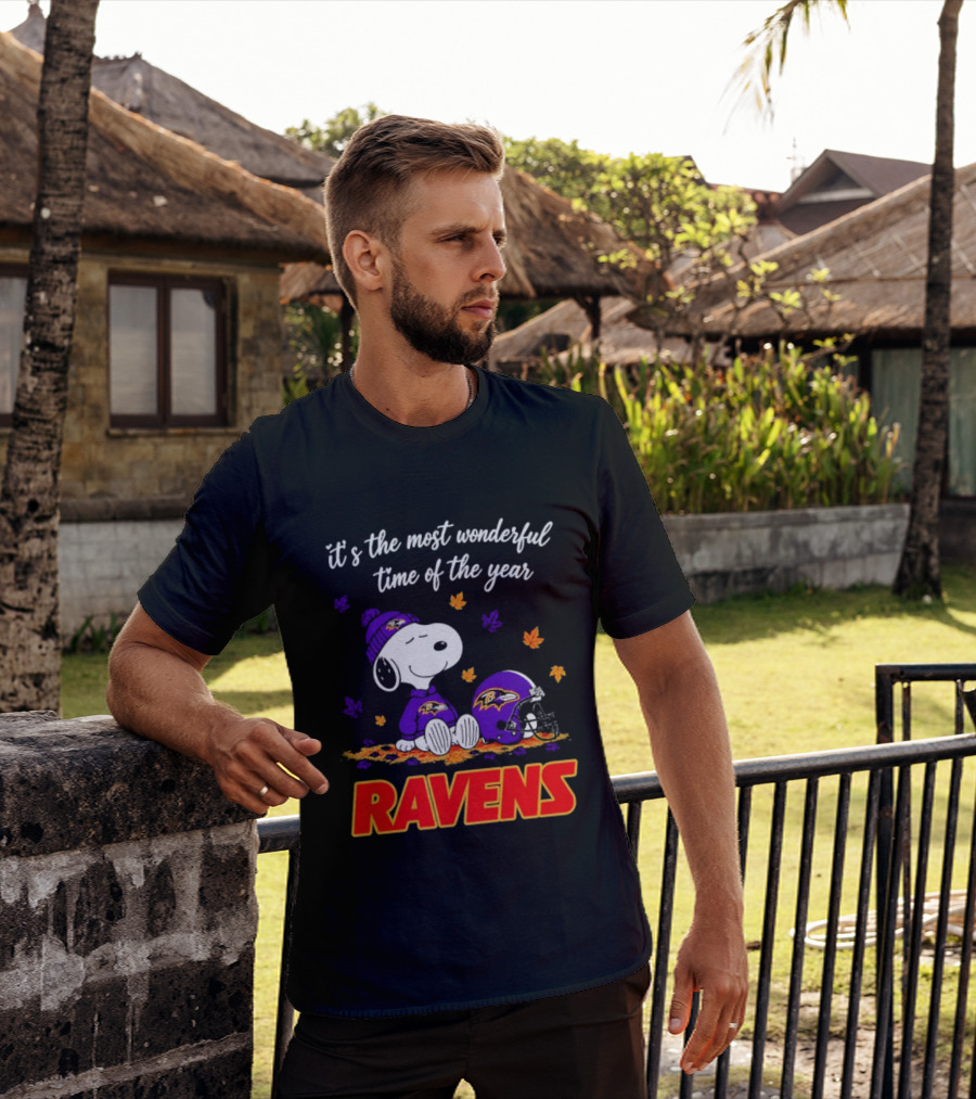 Baltimore Ravens It's The Most Wonderful Time Of Year Snoopy Sitting Leaves Football Helmet T-Shirt