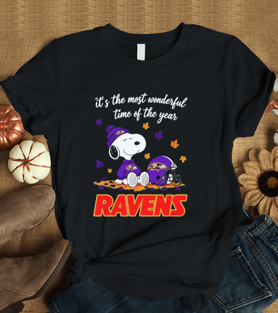 Baltimore Ravens It's The Most Wonderful Time Of Year Snoopy Sitting Leaves Football Helmet T-Shirt