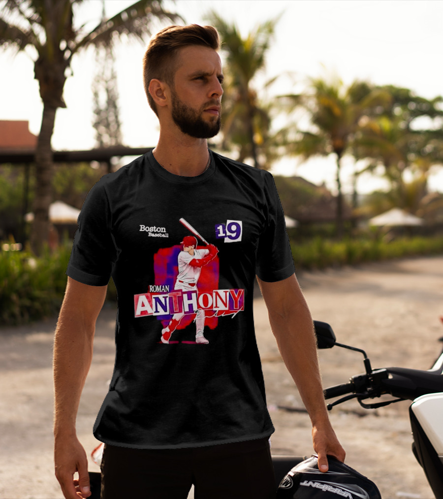 Boston Baseball 19 Roman Anthony Player Batting Red Paint T-Shirt
