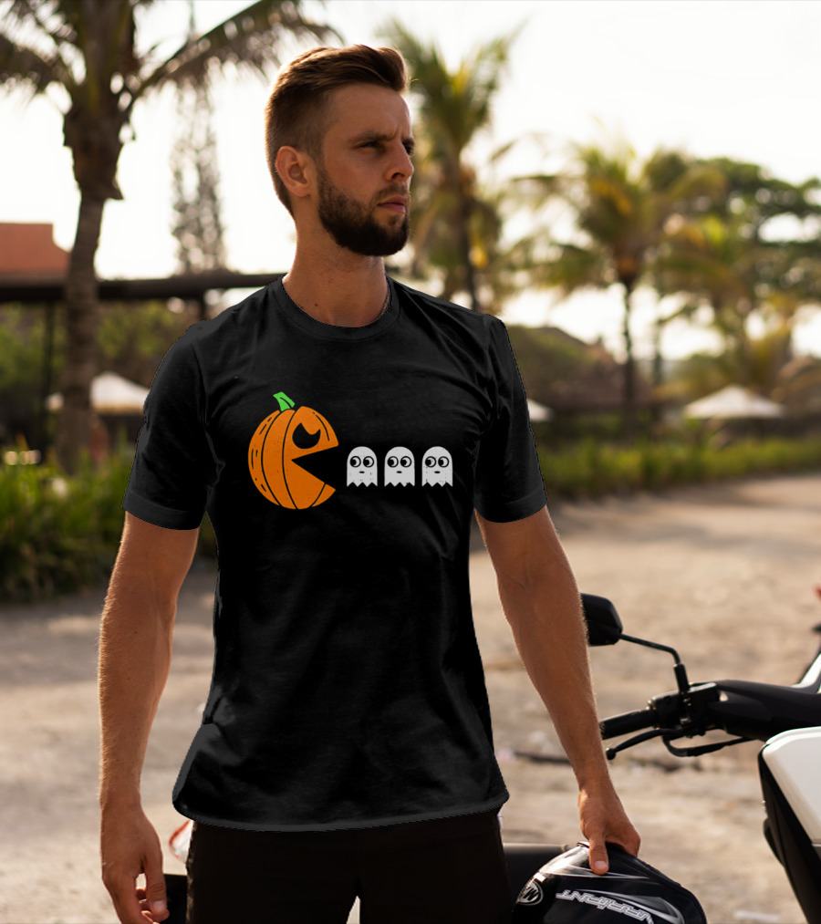 Halloween Pumpkin Pac Man Chasing White Ghosts Distressed Cartoon T-Shirt