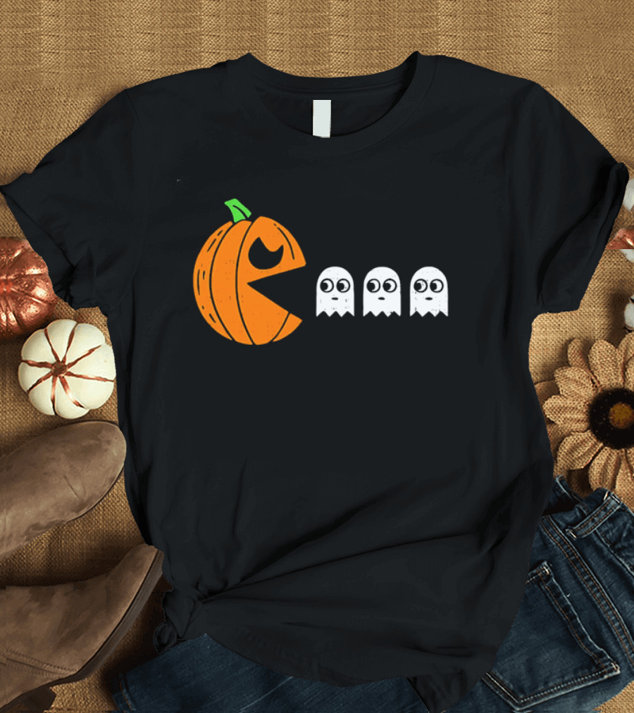 Halloween Pumpkin Pac Man Chasing White Ghosts Distressed Cartoon T-Shirt