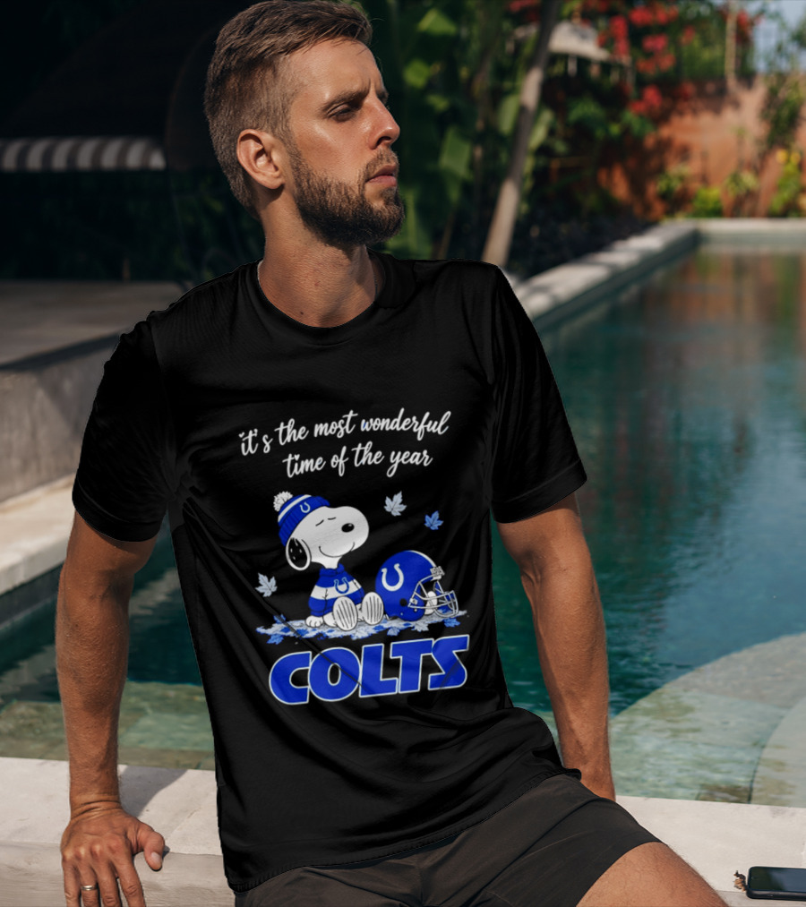 Indianapolis Colts Snoopy Beanie Helmet Leaves It's The Most Wonderful Time Of The Year T-Shirt