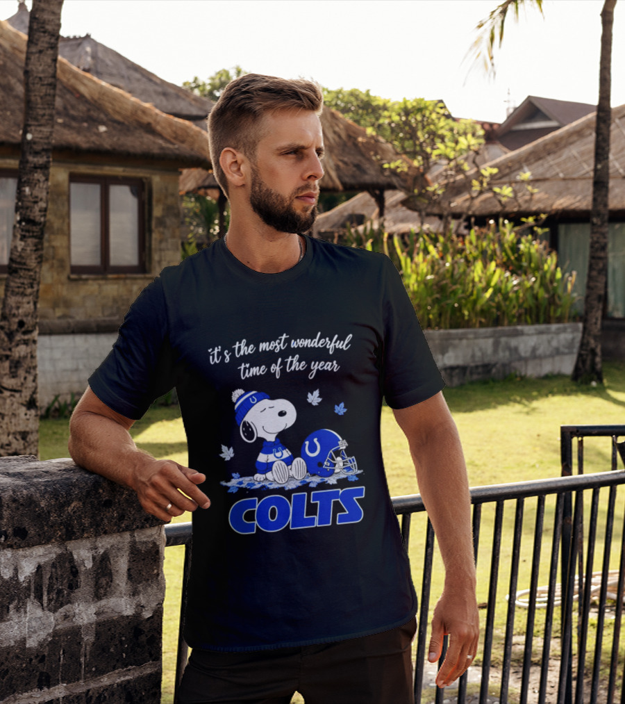 Indianapolis Colts Snoopy Beanie Helmet Leaves It's The Most Wonderful Time Of The Year T-Shirt