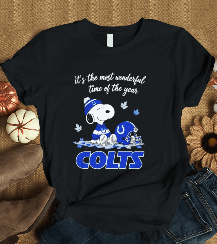 Indianapolis Colts Snoopy Beanie Helmet Leaves It's The Most Wonderful Time Of The Year T-Shirt