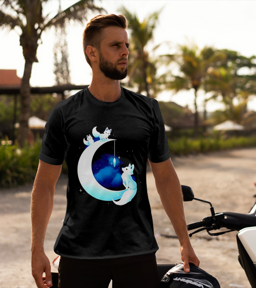 Glowing White Arctic Foxes Crescent Moon Crystal Night Sky T-Shirt