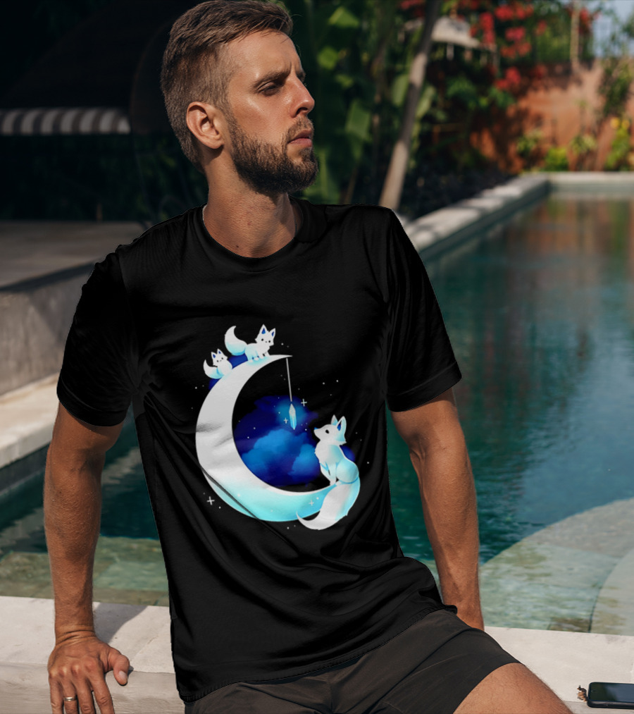Glowing White Arctic Foxes Crescent Moon Crystal Night Sky T-Shirt