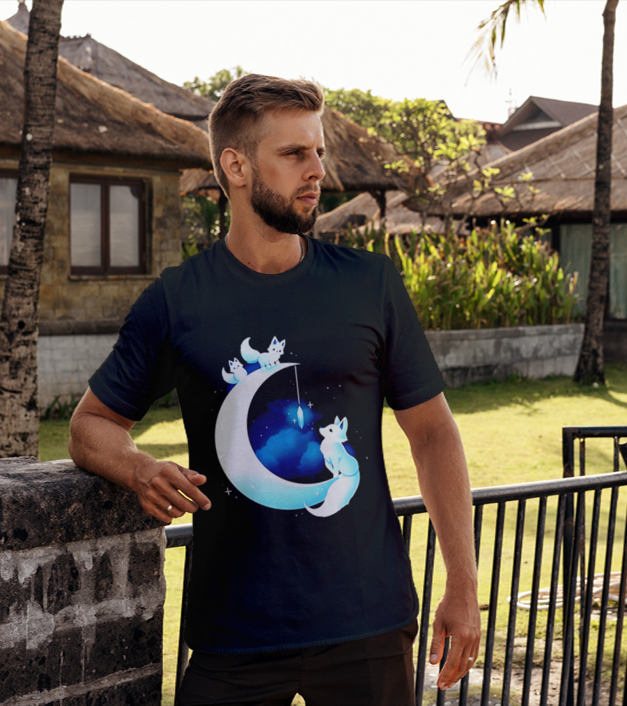 Glowing White Arctic Foxes Crescent Moon Crystal Night Sky T-Shirt