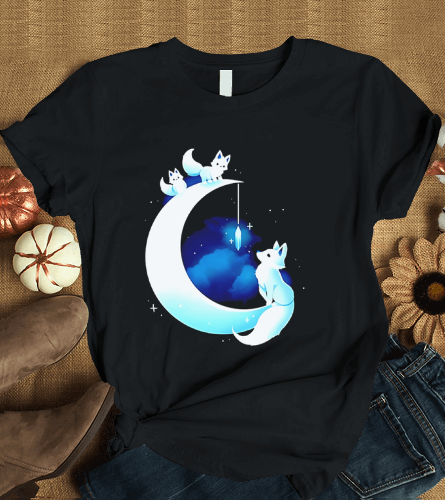 Glowing White Arctic Foxes Crescent Moon Crystal Night Sky T-Shirt
