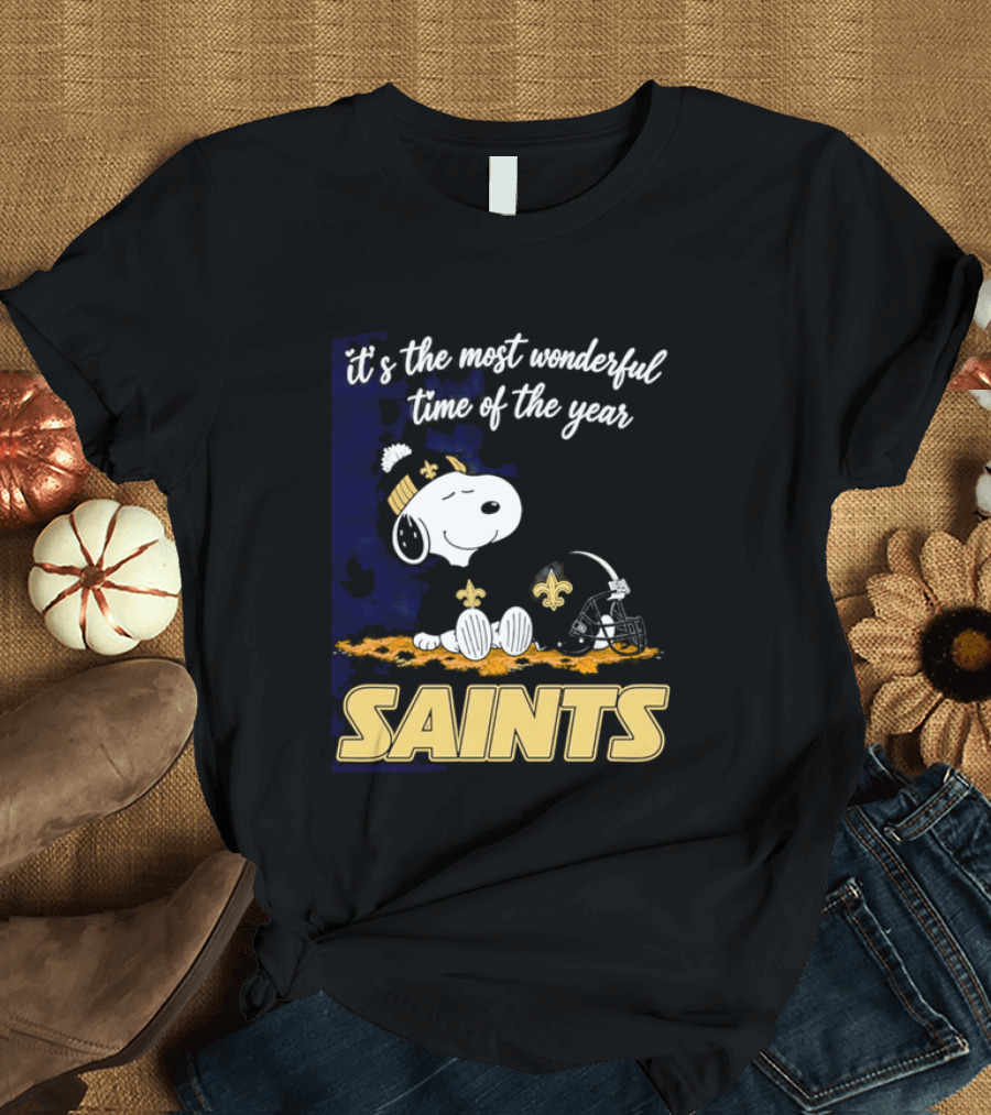 New Orleans Saints Snoopy Beanie Helmet Autumn Leaves Most Wonderful Time Of Year T-Shirt