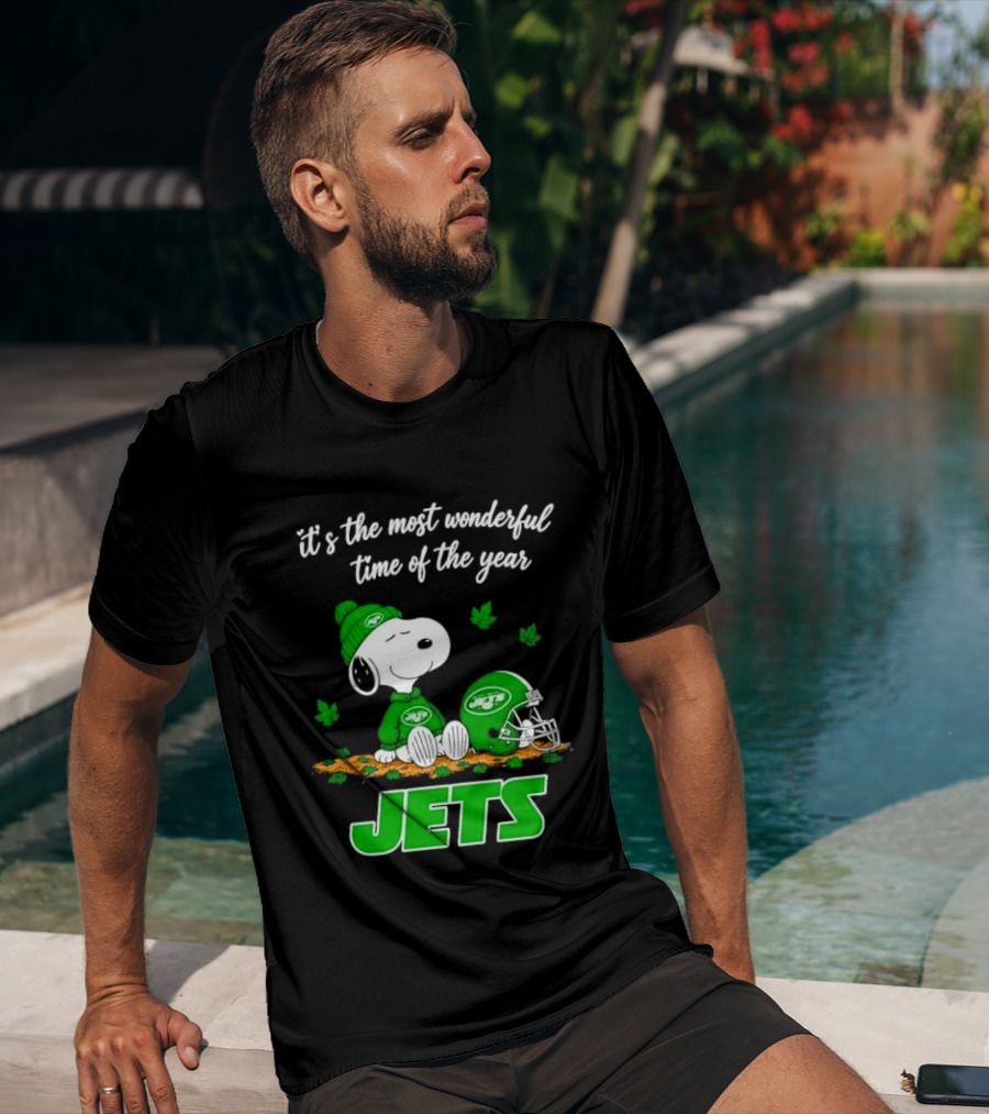 New York Jets It's The Most Wonderful Time Of Year Cartoon Dog Beanie Helmet Autumn Leaves T-Shirt