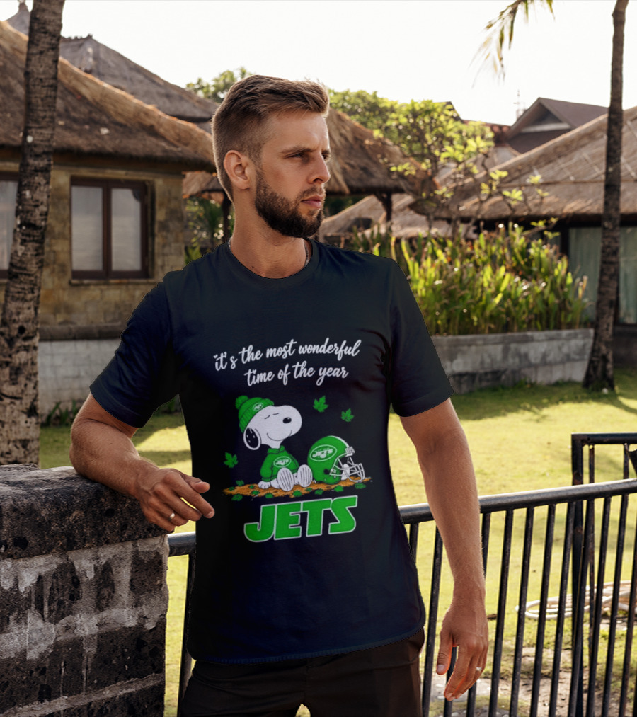 New York Jets It's The Most Wonderful Time Of Year Cartoon Dog Beanie Helmet Autumn Leaves T-Shirt