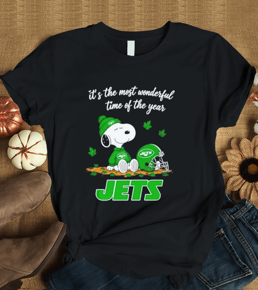 New York Jets It's The Most Wonderful Time Of Year Cartoon Dog Beanie Helmet Autumn Leaves T-Shirt
