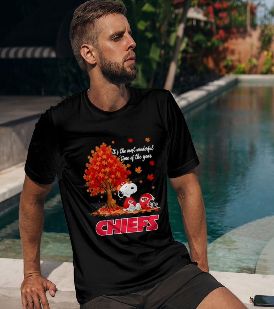 Kansas City Chiefs Snoopy Autumn Tree Football Helmet Most Wonderful Time Of The Year T-Shirt