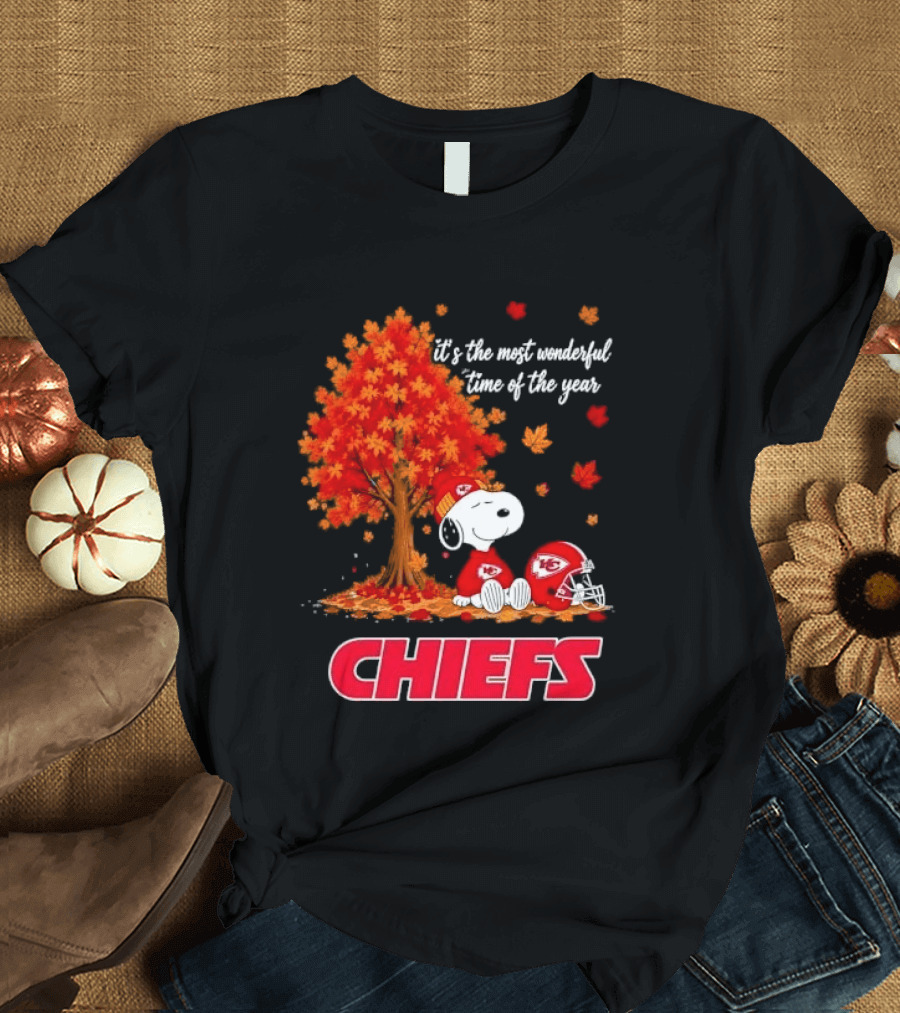 Kansas City Chiefs Snoopy Autumn Tree Football Helmet Most Wonderful Time Of The Year T-Shirt
