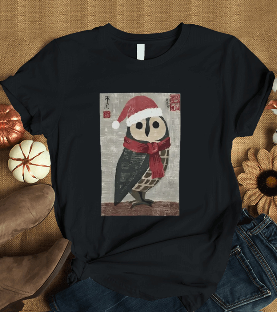 Owl With Red Santa Hat And Scarf Japanese Calligraphy T-Shirt