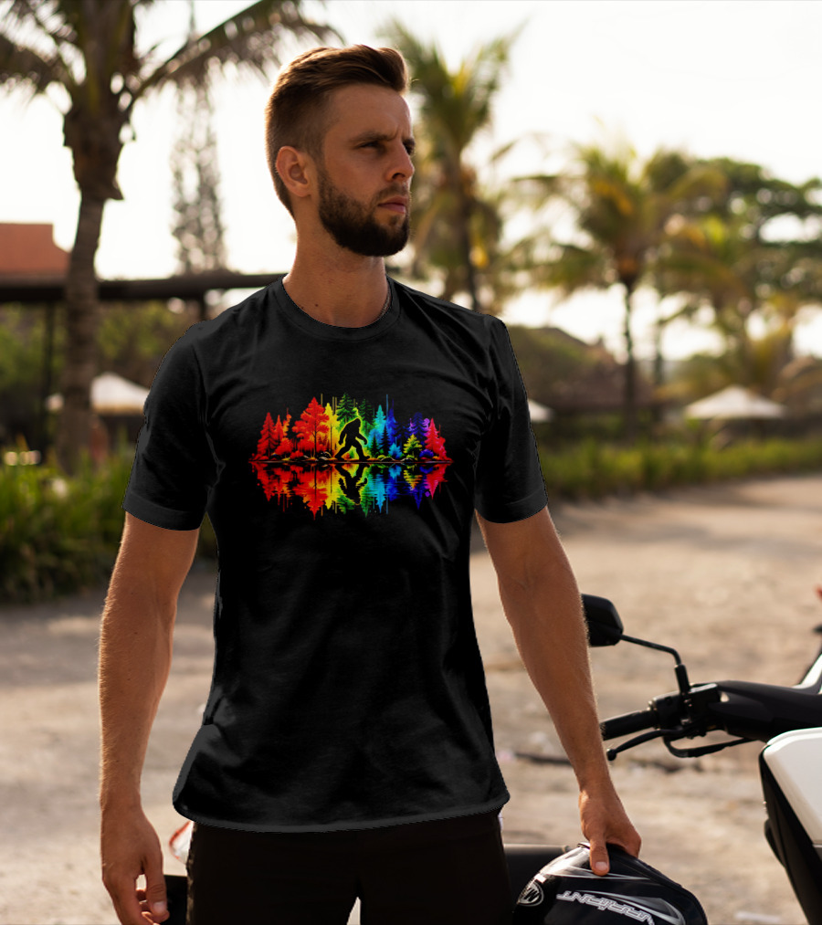 Rainbow Bigfoot Forest Reflection T-Shirt