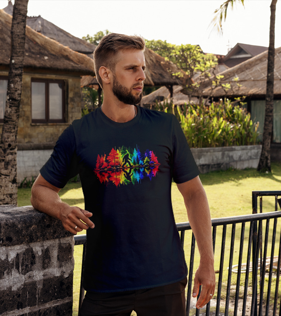 Rainbow Bigfoot Forest Reflection T-Shirt