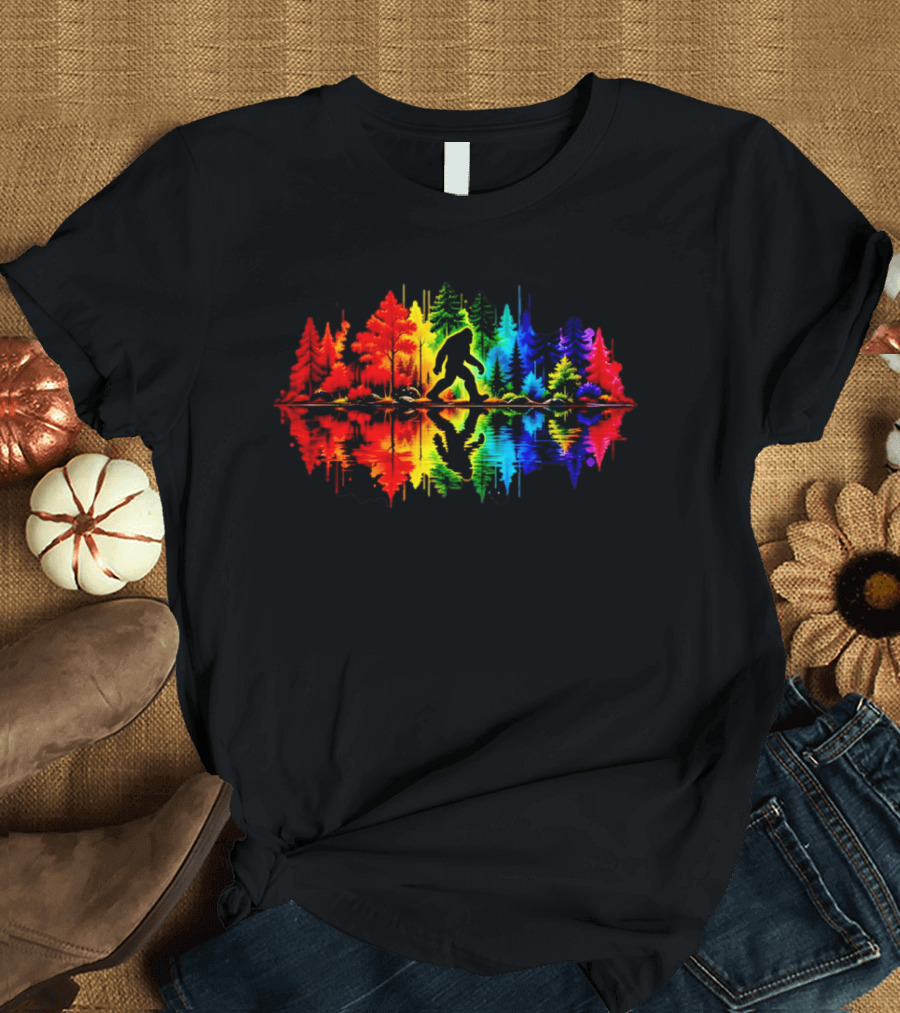 Rainbow Bigfoot Forest Reflection T-Shirt
