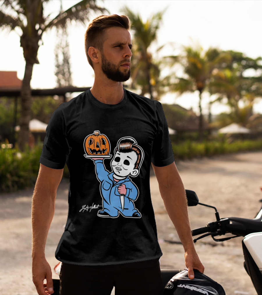 Lucky Hellcat Michael Myers Cartoon Pumpkin Knife Caricature T-Shirt