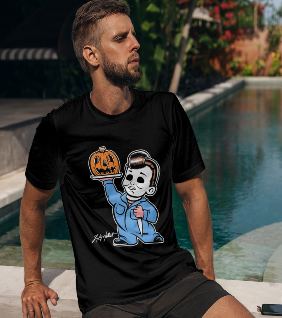 Lucky Hellcat Michael Myers Cartoon Pumpkin Knife Caricature T-Shirt