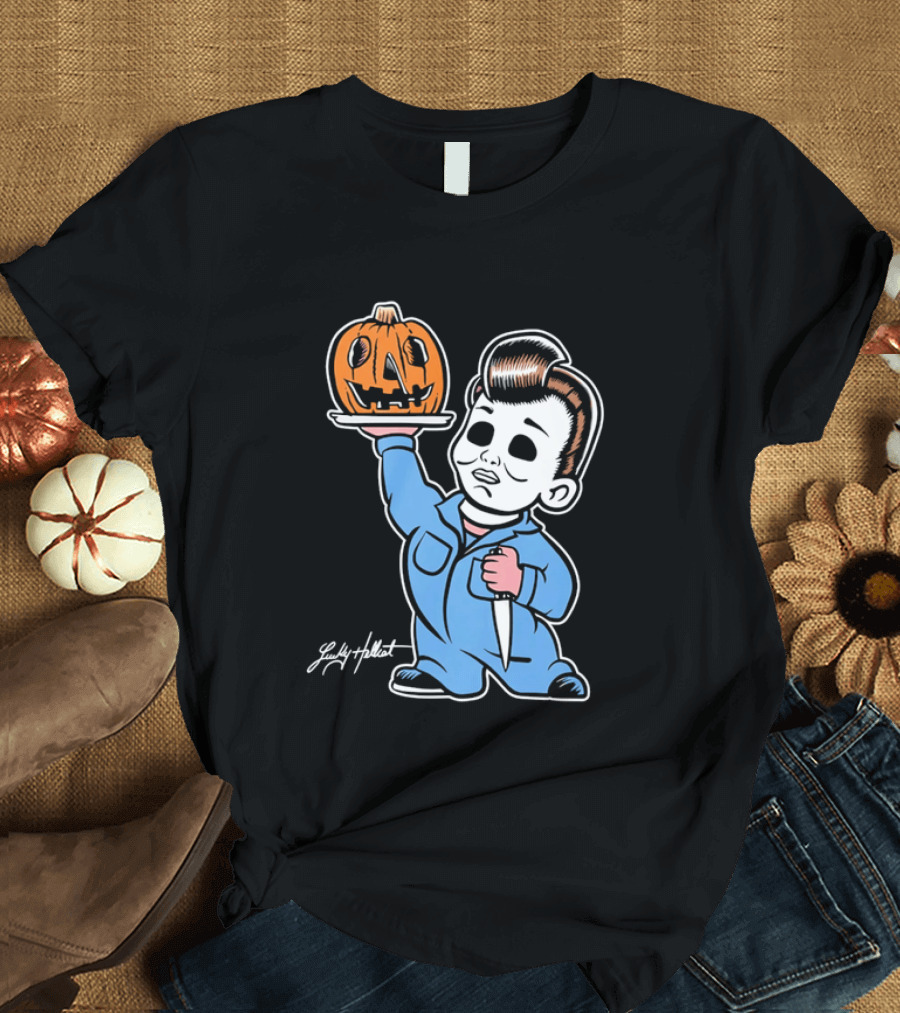 Lucky Hellcat Michael Myers Cartoon Pumpkin Knife Caricature T-Shirt