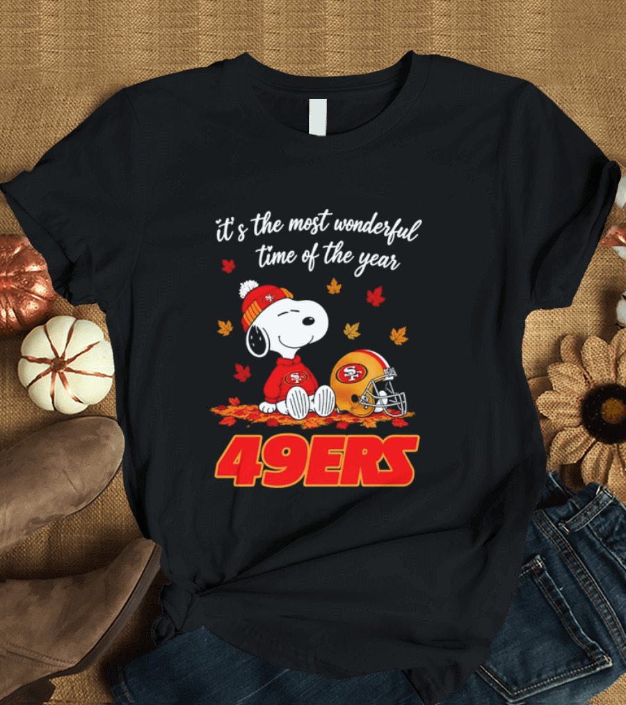 San Francisco 49ers Snoopy Beanie Autumn Leaves Most Wonderful Time T-Shirt
